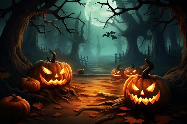 um grupo de abóboras jack o lantern sentadas no meio de uma floresta