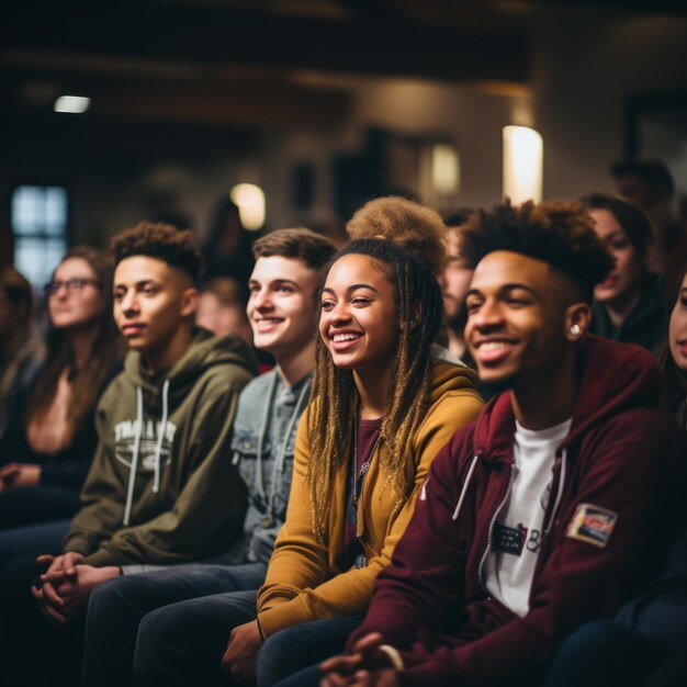 Foto um grupo de adolescentes diversos sentados em fila e sorrindo em um evento