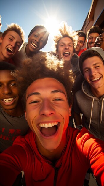 Um grupo de adolescentes diversos sorrindo e rindo juntos enquanto tiram uma selfie