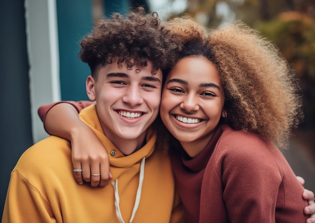 Um grupo de adolescentes multirraciais felizmente abraçando a IA gera