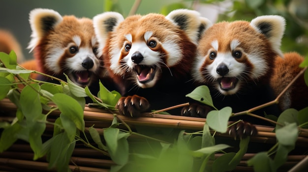 Um grupo de adoráveis pandas vermelhos relaxando em cima de uma cesta de bambu