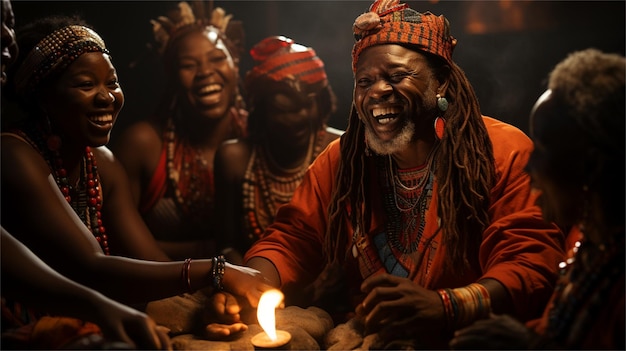 Foto um grupo de africanos sentados ao redor de uma fogueira