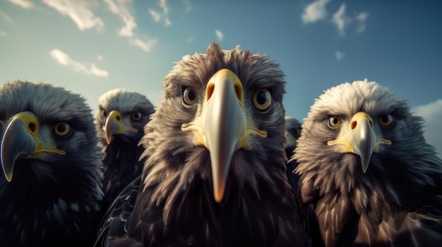 Um grupo de águias com um céu azul atrás delas