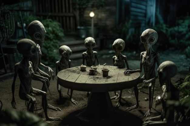 Um grupo de alienígenas sentados ao redor de uma mesa com uma pequena mesa cheia de pessoas.