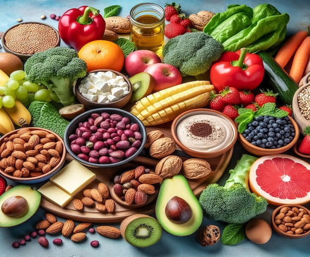Um grupo de alimentos frescos e saudáveis constituídos por vegetais, frutas e nozes sobre um fundo gradiente