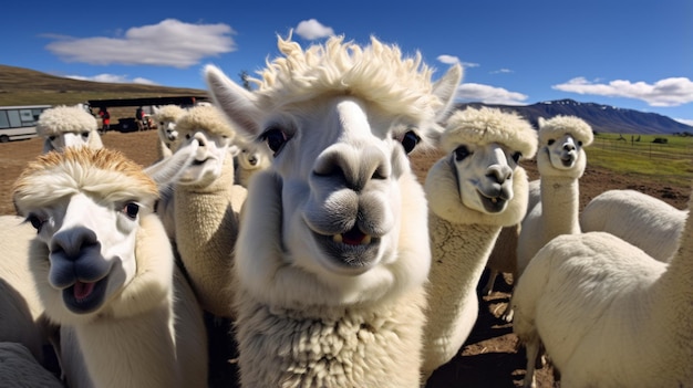 Foto um grupo de alpacas olhando para a câmera