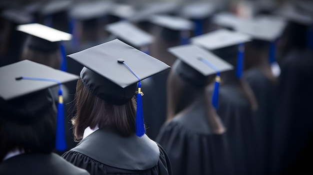 Um grupo de alunos com bonés de formatura está no meio da multidão.