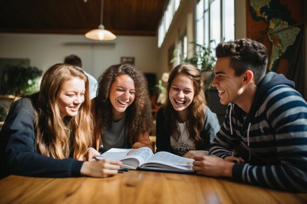 Um grupo de alunos está sorrindo e rindo para a câmera, um deles está lendo um livro.