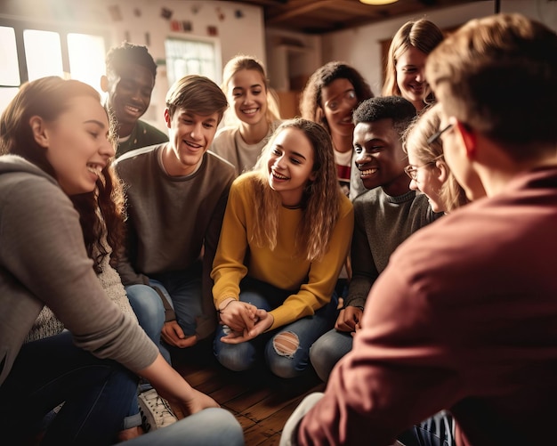 Foto um grupo de alunos reunidos em um círculo envolvidos em uma discussão animada