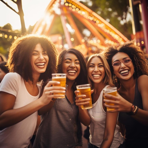 Um grupo de amigas a festejar com cerveja num parque de diversões.