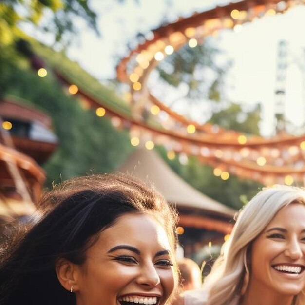 Foto um grupo de amigas a festejar com cerveja num parque de diversões.