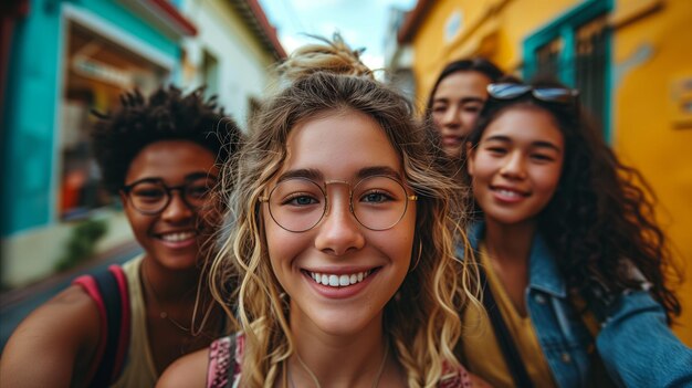 Foto um grupo de amigas adolescentes na rua.