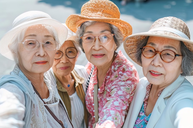 Um grupo de amigas asiáticas idosas a fazer selfie nas férias de verão.