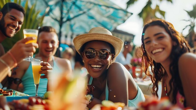 Um grupo de amigas diversas e bonitas estão a desfrutar de uma festa na piscina. Estão todas a sorrir, a rir e a beber coquetéis.