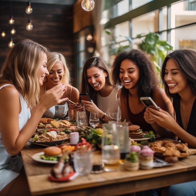 Um grupo de amigas está sentada em um restaurante e todas tiram fotos em seus smartphones