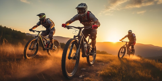 Um grupo de amigos a andar de bicicleta juntos no pôr-do-sol