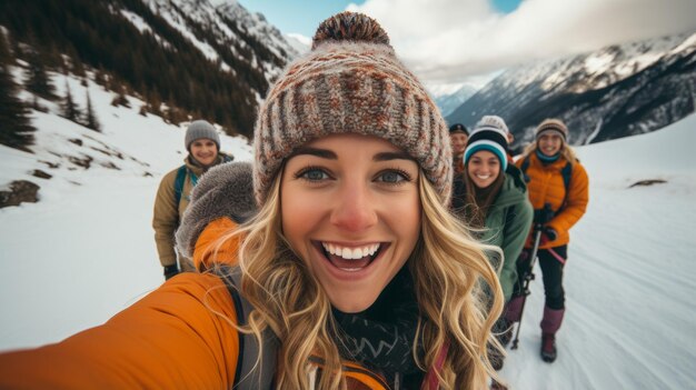 Foto um grupo de amigos a andar de raquetes de neve nas montanhas.