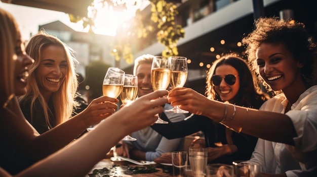 Um grupo de amigos a celebrar com champanhe.