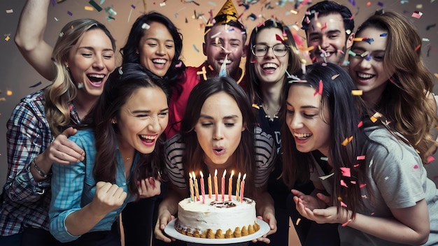Um grupo de amigos a celebrar o aniversário com confeti.
