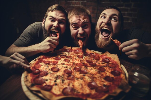 Um grupo de amigos a comer pizza em casa juntos.