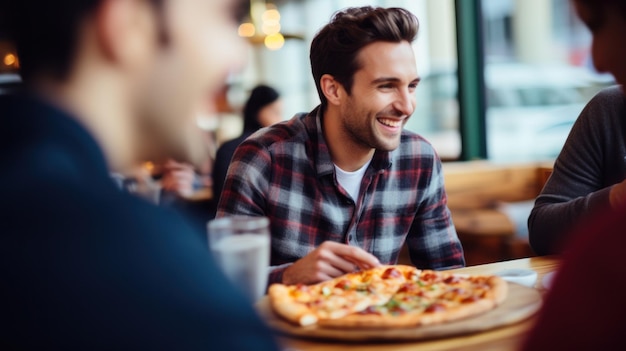 Um grupo de amigos a comer pizza juntos.