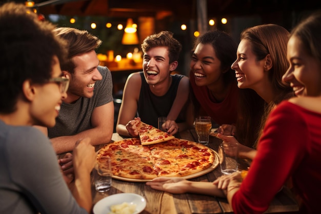 Um grupo de amigos a comer pizza.