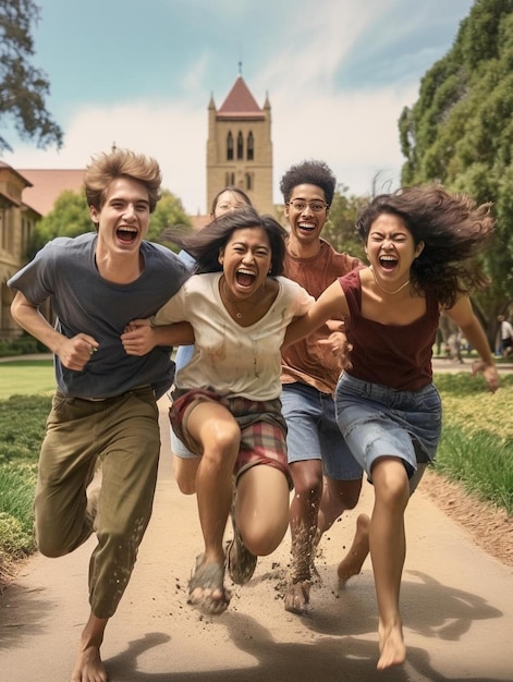 Um grupo de amigos a correr por uma estrada de terra com a igreja ao fundo.