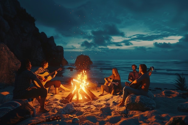 Um grupo de amigos a fazer uma festa de fogueira na praia com