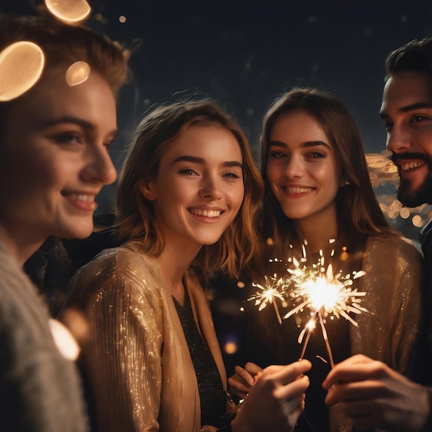 Um grupo de amigos a gostar de uma festa no telhado com faíscas. Jovens a gostar da véspera de Ano Novo.