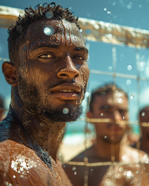 Um grupo de amigos a jogar voleibol de praia