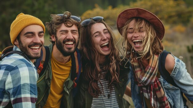 Um grupo de amigos a juntar-se e a divertir-se ao ar livre.