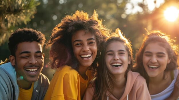 Um grupo de amigos a juntar-se e a divertir-se ao ar livre.