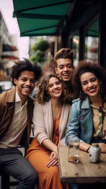 Um grupo de amigos à moda num café ao ar livre