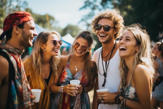 Um grupo de amigos a rir e a rir num festival de música.