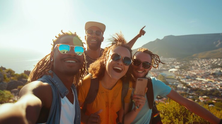 Foto um grupo de amigos a tirar selfies numa vista panorâmica gerada pela ia.
