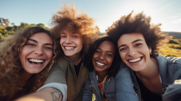 Um grupo de amigos a tirar uma selfie ao ar livre estão a rir-se e a divertir-se.