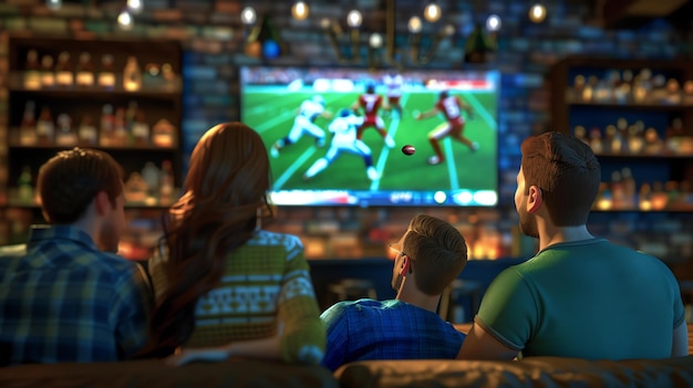 Um grupo de amigos a ver um jogo de futebol na televisão. Estão sentados num sofá num bar ou restaurante.