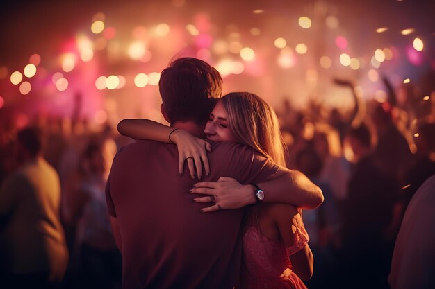 Foto um grupo de amigos abraçando-se num festival de música