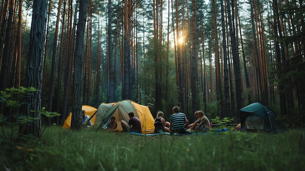 Foto um grupo de amigos acampando na floresta eles montaram suas tendas e estão sentados em torno de uma fogueira juntos o sol está a pôr-se atrás das árvores
