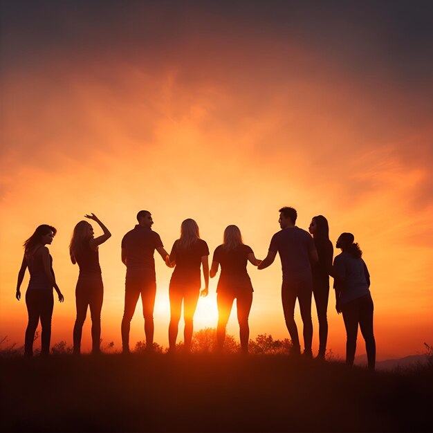 Um grupo de amigos admirados ao pôr-do-sol