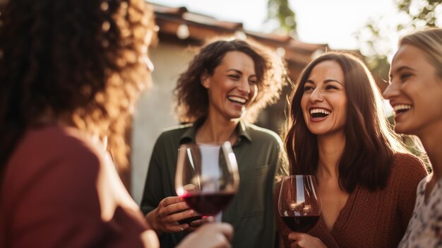 Foto um grupo de amigos alegres a beber vinho numa festa.