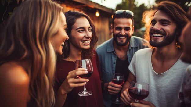 Um grupo de amigos alegres a beber vinho numa festa.