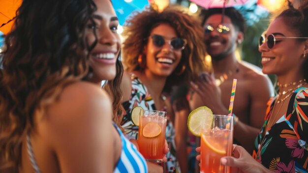 Um grupo de amigos alegres e diversos desfrutando de uma festa de verão com bebidas refrescantes