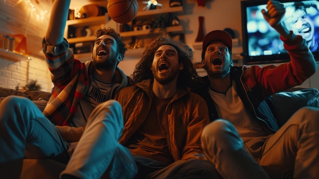 Um grupo de amigos aplaude sua equipe favorita quando eles jogam em casa Três fãs de basquete sentados em um sofá assistindo TV celebrando gols e vitórias no campeonato