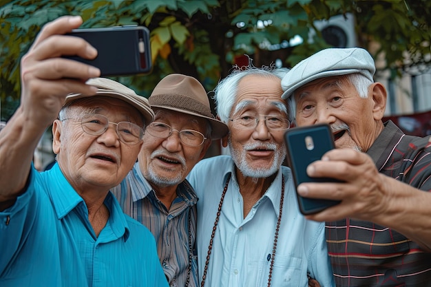 Um grupo de amigos asiáticos idosos a fazer selfie nas férias de verão.