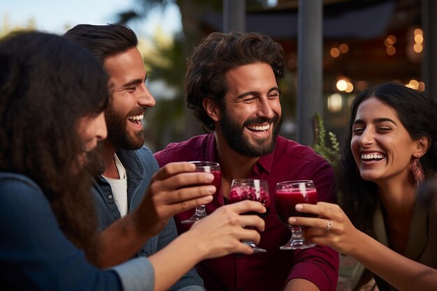Um grupo de amigos brindando com copos de suco de romã