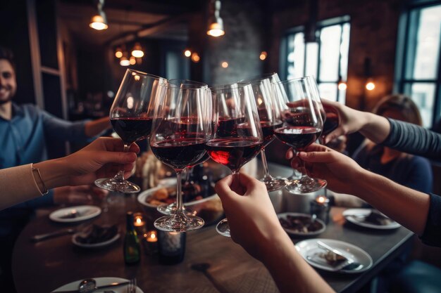 Um grupo de amigos brindando com vinho tinto sentados à mesa de um restaurante