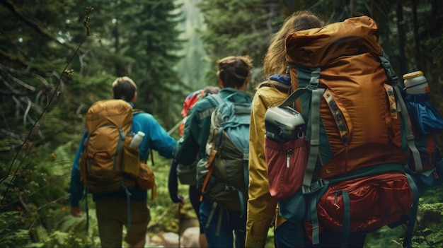 Um grupo de amigos caminha através de uma floresta densa suas mochilas cheias de suprimentos e seus olhos