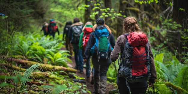 Um grupo de amigos caminhando por uma trilha de floresta exuberante