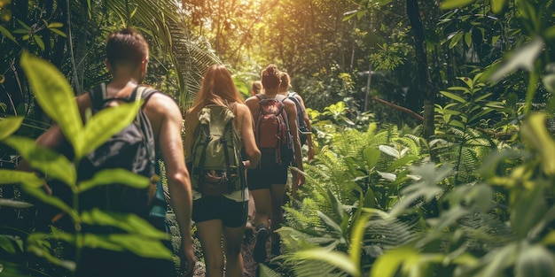 Um grupo de amigos caminhando por uma trilha de floresta exuberante